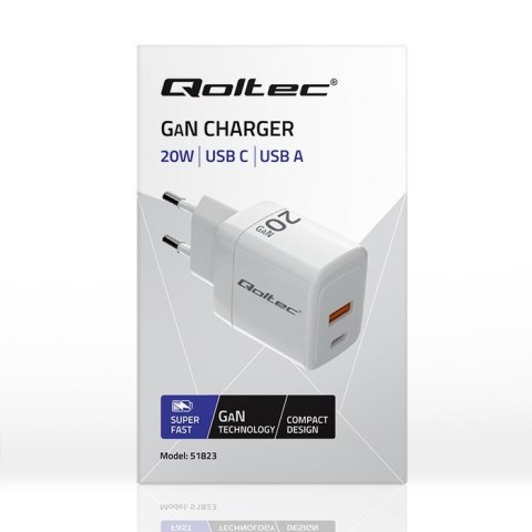Ładowarka sieciowa 20W GaN | 5-20V | 1.5-3A | 1xUSB-C PD | 1xUSB QC 3.0 | Biała Qoltec