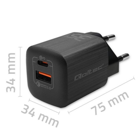 Ładowarka sieciowa 35W GaN ULTRA | 5-20V | 2.25-3A | 1 x USB typeC PD | 1 x USB | Czarna Qoltec