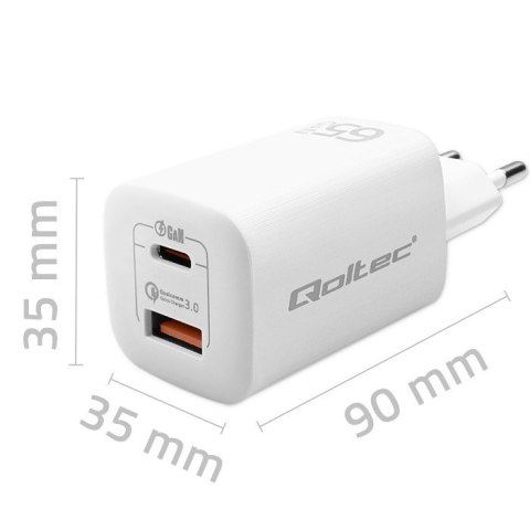 Ładowarka sieciowa 65W GaN ULTRA | 5-20V | 2.25-3.25A | 1 x USB typ C PD | 1 x USB QC 3.0 | Biała Qoltec