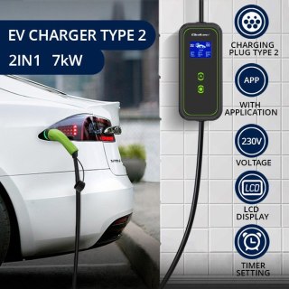 Mobilna ładowarka do samochodu elektrycznego EV z regulacją 2w1 Typ2 | 7kW | 230V | CEE 3 PIN | WiFi | LCD | Przenosna | Wallbo Qoltec