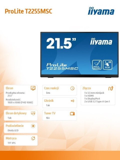 Monitor 21.5 cala T2255MSC-B1 POJ.10PKT.IPS,HDMI,DP,2xUSB 3.0 IIYAMA