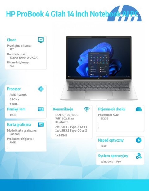 Notebook ProBook 4 G1ah R5-220 512GB/16GB/W11P/14.0 C51G0ET HP Inc.
