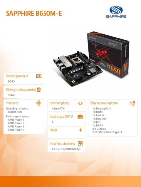 Płyta główna B650M-E AM5 2DDR5 mATX Sapphire Technology