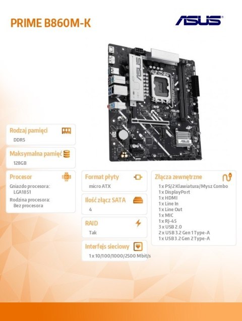 Płyta główna PRIME B860M-K s1851 XDDR5 USBC mATX Asus