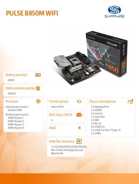 Płyta główna PULSE B850M WIFI AM5 4DDR5 mATX Sapphire Technology