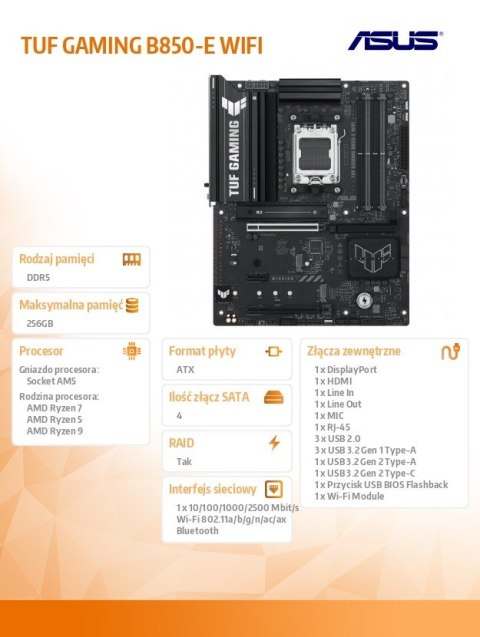 Płyta główna TUF GAMING B850-E WIFI AM5 4DDR5 DP/HDMI Asus