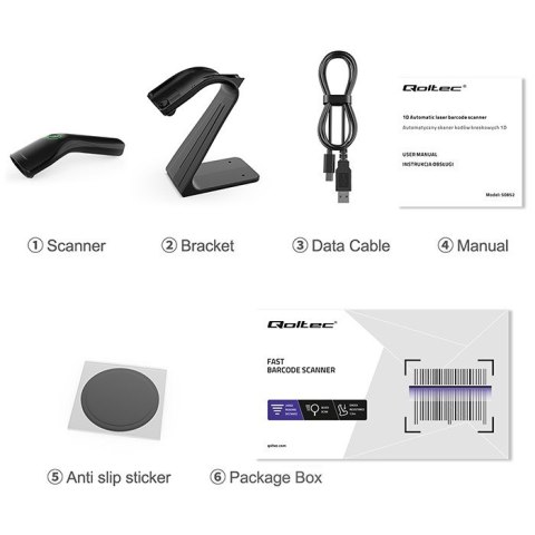 Skaner czytnik kodów kreskowych + stojak na skaner | 1D | USB Qoltec
