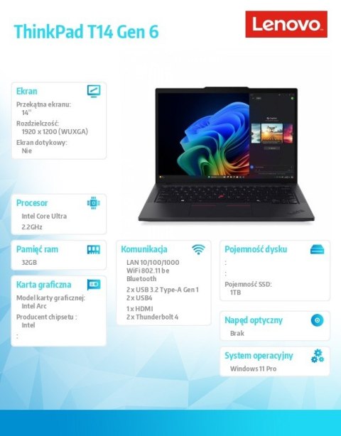 Ultrabook ThinkPad T14 G6 21QG0013PB W11Pro Ultra 7 258V/32GB/1TB/INT/14.0 WUXGA/Black/3YR Premier Support + CO2 Offset Lenovo