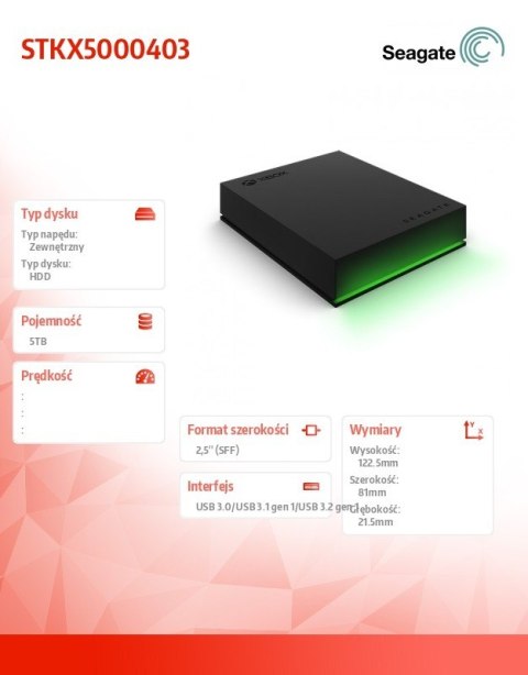 Dysk twardy 2.5 cala Game Drive Xbox STKX5000403 5TB Seagate