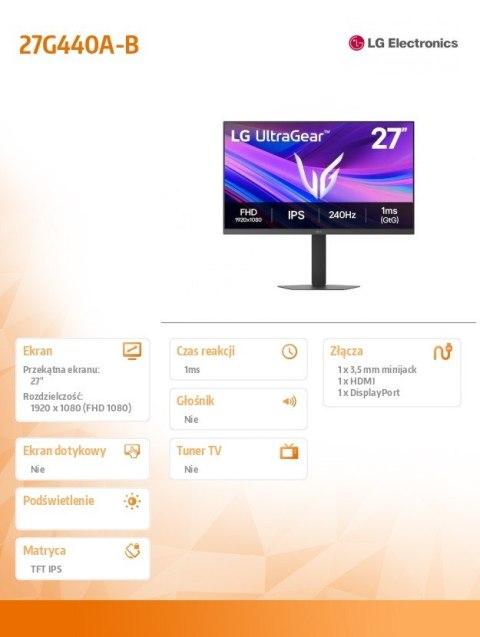 Monitor 27G440A-B 27 cali Ultra Gear FHD 240Hz LG Electronics