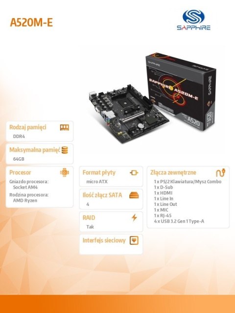 Płyta główna A520M-E AM4 2DDR4 mATX Sapphire Technology