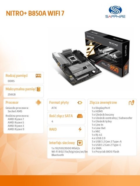 Płyta główna NITRO+ B850A WIFI7 AM5 4DDR5 mATX Sapphire Technology