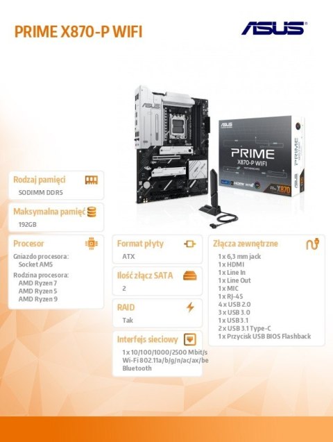 Płyta główna PRIME X870-P WIFI AM5 4 DDR5 HDMI/USB-C Asus