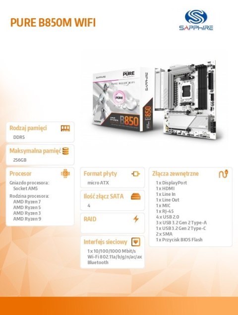 Płyta główna PURE B850M WIFI AM5 4DDR5 mATX Sapphire Technology