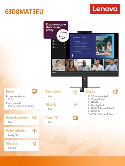 Monitor 23.8 cala ThinkVision T24v-30 WLED LCD 63D8MAT3EU Lenovo