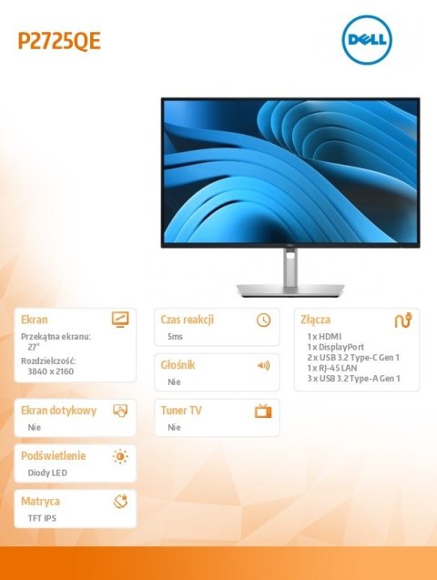 Monitor 27 cali P2725QE IPS LED UHD 4K(3840x 2160)/16:9/HDMI/DP/USB-C/3xUSB/RJ45/3Y Dell