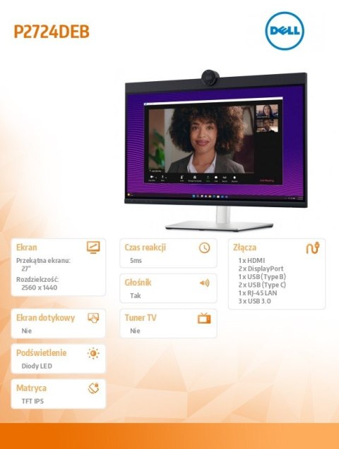 Monitor P2724DEB 27 cali LED IPS QHD (2560x1440)/16:9/HDMI/DP/RJ-45/Kamera/Głośniki/Mikrofon/3YPPG Dell