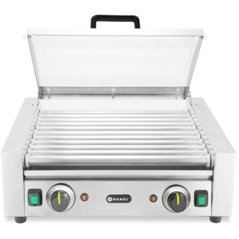 Podgrzewacz grill rolkowy do parówek hot-dogów dwustrefowy z pokrywą 11 rolek 45 cm 980 W Hendi