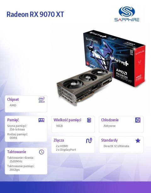 Karta graficzna Radeon RX 9070 XT NITRO+ GAMING OC 16GB GDDR6 256bit 2DP/2HDMI Sapphire Technology