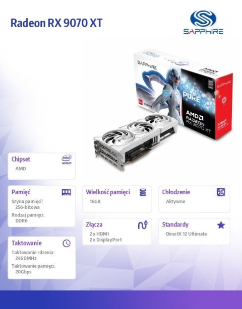 Karta graficzna Radeon RX 9070 XT PURE 16GB OC GDDR6 256bit 2DP/2HDMI Sapphire Technology