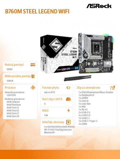 Płyta główna B760M STEEL LEGEND WIFI s1700 4DDR5 DP/HDMI mATX ASRock