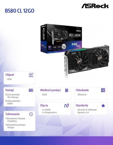 Karta graficzna B580 CHALLENGER 12G OC GDDR6 192bit 3DP/HDMI ASRock