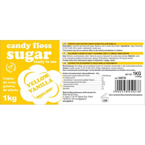 Kolorowy cukier do waty cukrowej żółty o smaku waniliowym 1kg GSG24