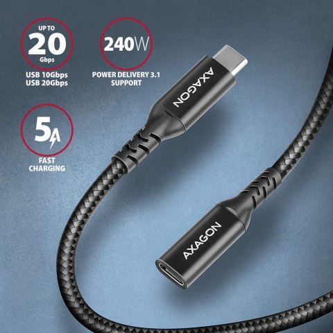 BUCM32-CF15AB Kabel przedłużacz Gen2 USB-C - USB-C 1.5m, 5A, 20Gbps, PD 240W, oplot, czarny AXAGON