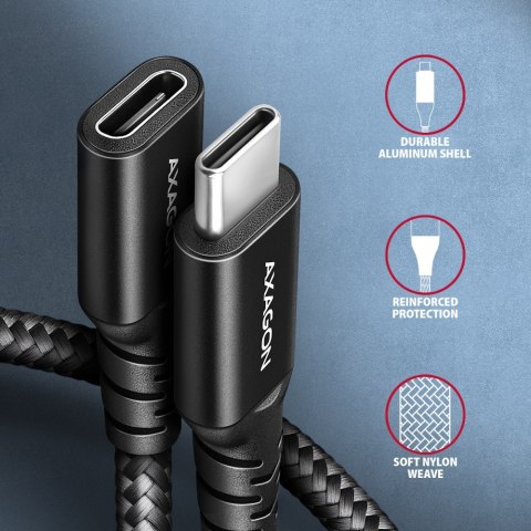 BUCM32-CF15AB Kabel przedłużacz Gen2 USB-C - USB-C 1.5m, 5A, 20Gbps, PD 240W, oplot, czarny AXAGON