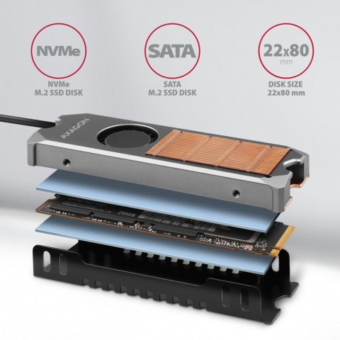 CLR-M2FAN Miedziany radiator z wentylatorem do dwustronnych dysków M.2 SSD, wysokość 13mm AXAGON