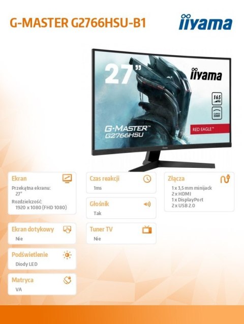 Monitor 27 cali G2766HSU-B1 VA,165HZ,1500R,1MS,DP,HDMIx2,USB,FreeSync IIYAMA