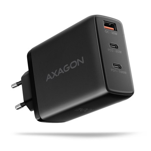 ACU-DPQ100 Ładowarka sieciowa GaN 100W, 3x port (USB-A + dual USB-C) PD3.0/QC4+/PPS/Apple Czarna AXAGON