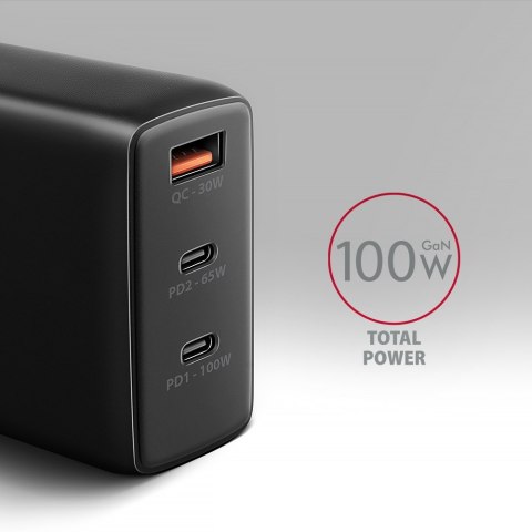 ACU-DPQ100 Ładowarka sieciowa GaN 100W, 3x port (USB-A + dual USB-C) PD3.0/QC4+/PPS/Apple Czarna AXAGON