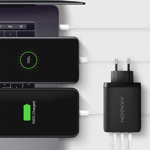 ACU-DPQ100 Ładowarka sieciowa GaN 100W, 3x port (USB-A + dual USB-C) PD3.0/QC4+/PPS/Apple Czarna AXAGON