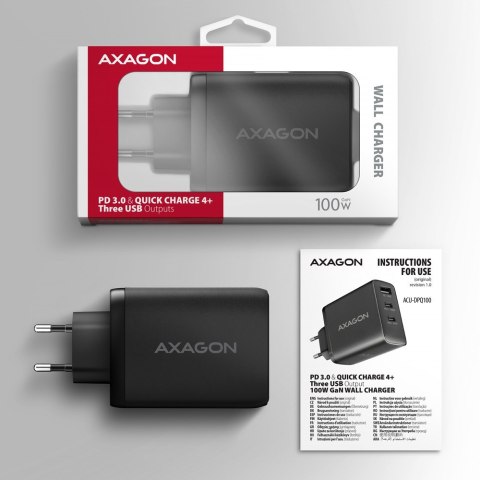 ACU-DPQ100 Ładowarka sieciowa GaN 100W, 3x port (USB-A + dual USB-C) PD3.0/QC4+/PPS/Apple Czarna AXAGON