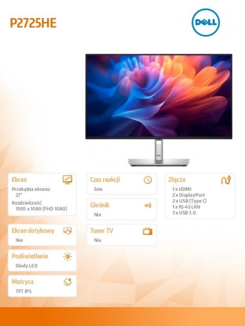 Monitor 27 cali P2725HE IPS LED Full HD(1920x1080)/16:9/HDMI/DP/USB-C/USB/RJ45/3Y Dell