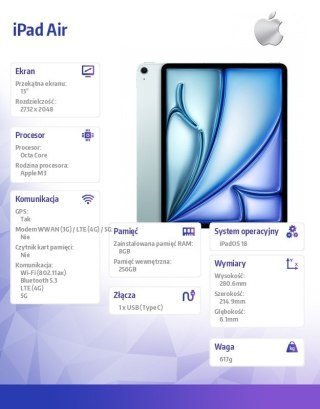 IPad Air 13 cali WiFi + Cellular 256GB Niebieski Apple