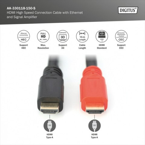 Kabel połączeniowy HDMI HighSpeed z Ethernetem ze wzmacniaczem 4K 30Hz UHD HDMI A/A M/M 15m Digitus