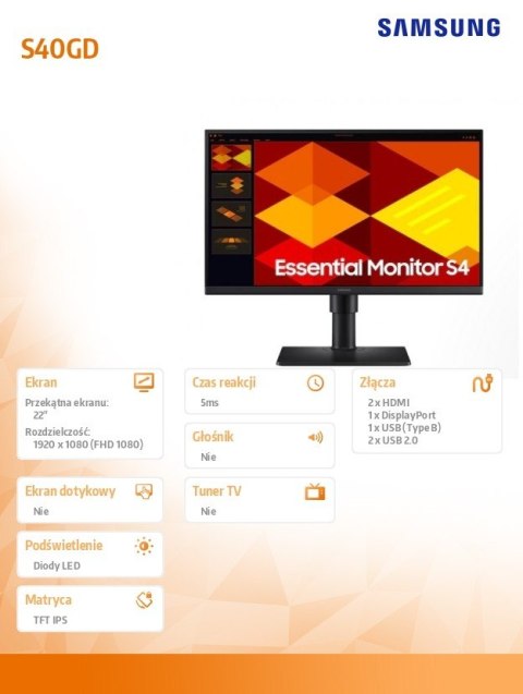 Monitor 22 cale S40GD IPS 1920x1080 FHD 16:9 2xHDMI 1xDP 2xUSB-A 2.0 1xUSB-B 5ms 100Hz HAS+PIV płaski 3YOn-Site (LS22D400GAUXEN) Samsung