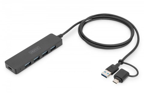 Hub USB 3.0/Koncentrator 4-portowy SlimLine USB A + adapter USB-C 1,2m 5Gbps, złącze zasilania USB-C Digitus