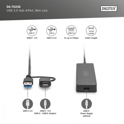 Hub USB 3.0/Koncentrator 4-portowy SlimLine USB A + adapter USB-C 1,2m 5Gbps, złącze zasilania USB-C Digitus