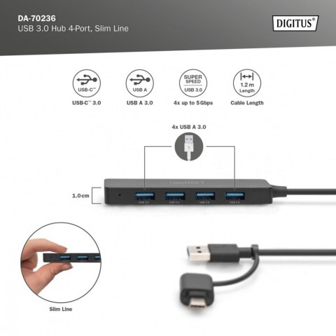 Hub USB 3.0/Koncentrator 4-portowy SlimLine USB A + adapter USB-C 1,2m 5Gbps, złącze zasilania USB-C Digitus