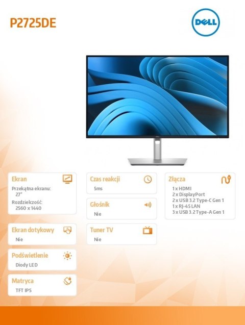 Monitor 27 cali P2725DE IPS QHD LED/RJ45/HDMI/DP/USBC/3Y Dell