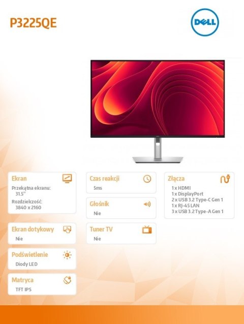 Monitor P3225QE 31.5 cala IPS 4K/HDMI/DP/USB/RJ45/3Y Dell