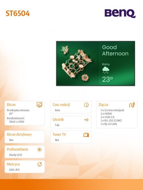 Monitor wielkoformatowy 65 cali ST6504 LED 4K 1200:1/3840x2160/HDMI Benq