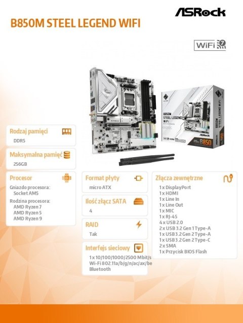 Płyta główna B850M STEEL LEGEND WIFI AM5 4DDR5 HDMI/DP mATX ASRock