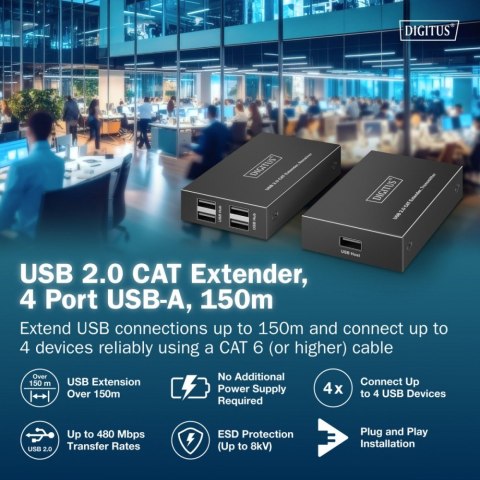 Przedłużacz (extender) po skrętce kat.6 USB 2.0 do 150m, 4x USB-A do 480 Mbps, 1x RJ45 (Gigabit Ethernet) - zestaw (odbiornik/na Digitus