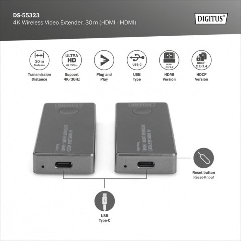 Przedłużacz/Extender HDMI bezprzewodowy 30m UHD 4K30Hz audio (zestaw) Digitus