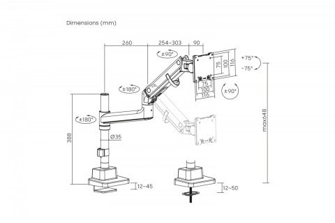 Ramię biurkowe pojedyncze z zaciskiem i sprężyną gazową 1x LCD max. 57" 27kg, VESA: 75x75, 100x100, czarne Digitus