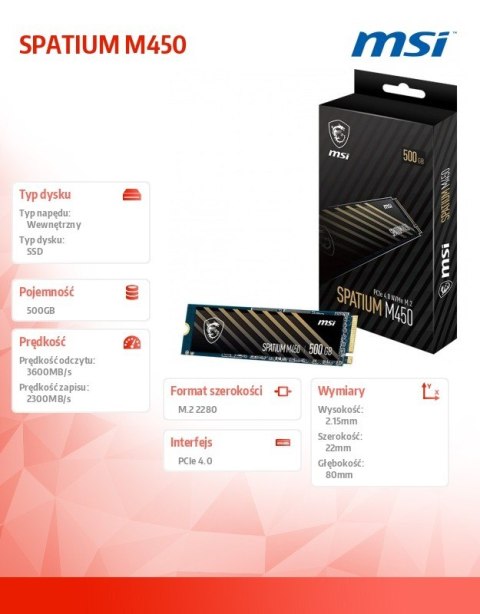 Dysk SSD SPATIUM M450 500GB M.2 PCIe 4.0 3600/2300MB/s MSI